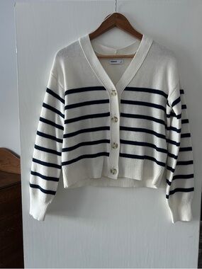 Sonoma Cream and Navy Striped V-Neck Button Cardigan